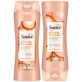 Le shampoing Suave Keratin Infusion en bouteille ouverte, pour démêler et lisser les cheveux.