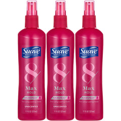 Suave Max Hold unscented hairspray bottle for all-day secure style.