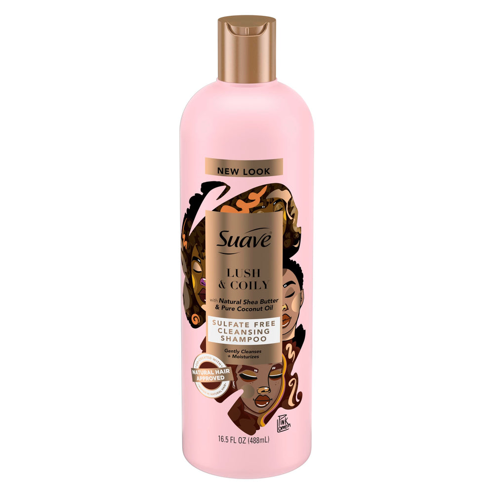 Bouteille Suave Professionnels montrant beurre de karité et huile de coco pour boucles hydratées.