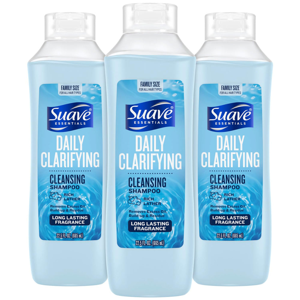 Shampoing clarifiant Suave en format famille 3 bouteilles pour usage quotidien équilibré.