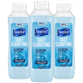 Shampoing clarifiant Suave en format famille 3 bouteilles pour usage quotidien équilibré.