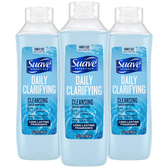Shampoing clarifiant Suave en format famille 3 bouteilles pour usage quotidien équilibré.
