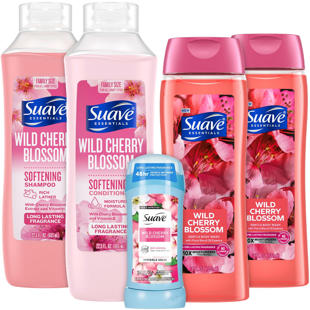 Shampooing Suave, bouteille fleurie, revitalise les cheveux et parfume durablement.