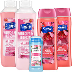 Shampooing Suave, bouteille fleurie, revitalise les cheveux et parfume durablement.