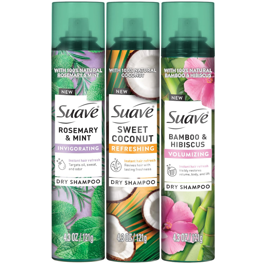 Suave spray sec menthe romarin sur les racines pour rafraîchir rapidement.