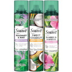 Suave spray sec menthe romarin sur les racines pour rafraîchir rapidement.