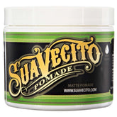 Suavecito Matte Pomade tin close-up showing shine-free, long-lasting hold
