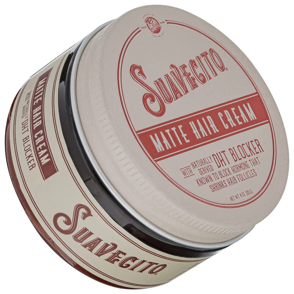 Bouteille Suavecito Pomade Matte DHT Blocker prête au coiffage léger et mat.