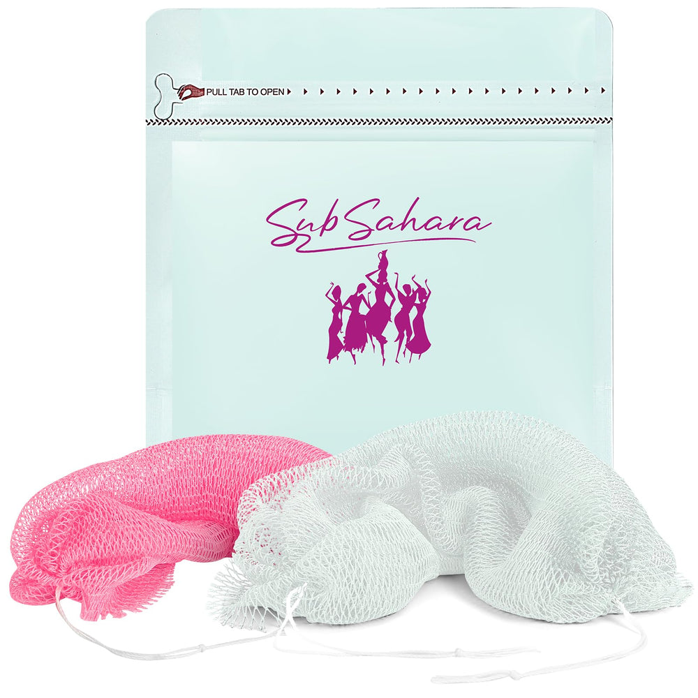 Éponge SubSahara à réseau africain lait blanc, exfoliation douce pour tous les types de peau.