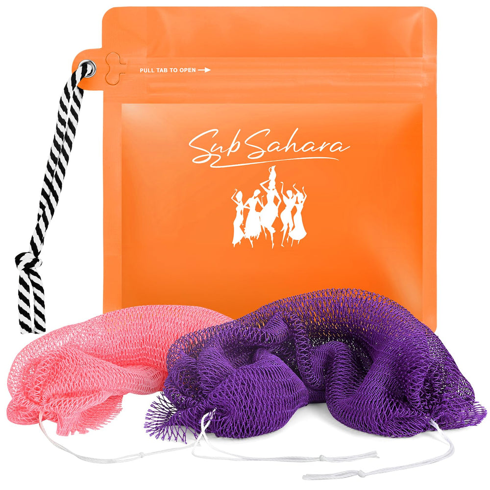 SubSahara Éponge en filet africain authentique deux pièces, texture exfoliante douce pour visage et corps.