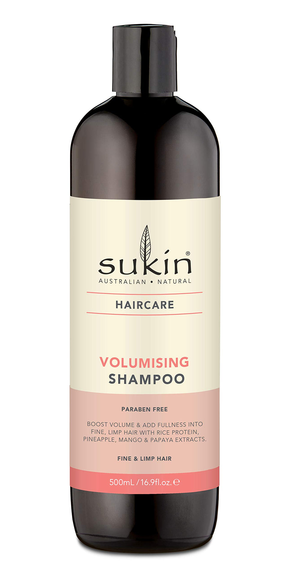 Shampooing volumisant Sukin – bouteille prête à donner du volume aux cheveux fins.