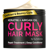 SUNATORIA Masque Cheveux Boucles - Bouteille argan et kératine pour hydratation en profondeur.