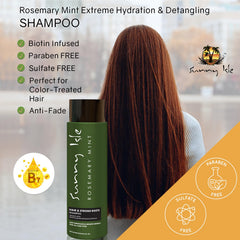 Sunny Isle shampoing romarin menthe : flacon révèle une texture généreuse et riche en biotine.
