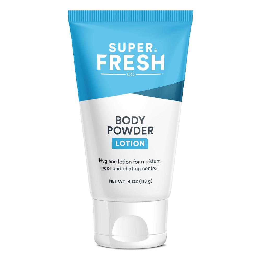 Super Fresh Co: bouteille-lotion-poudre prête à l'application sur le corps.