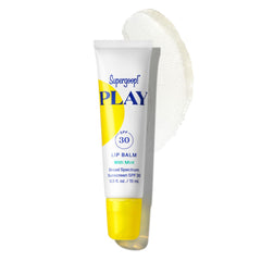Supergoop! Play Lip Balm SPF 30 mint tube protects lips on sunny days.
