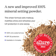 Supergoop! Poudre (Re)setting SPF 35 avec pinceau doseur pour une application précise.