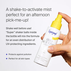 Supergoop Re-setting Refreshing Mist — flacon SPF 40 PA+++ pour retouches maquillage.