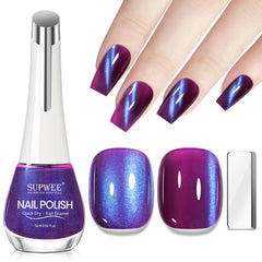 Vernis SUPWEE œil-de-chat violet : flacon lumineux et séchage rapide.