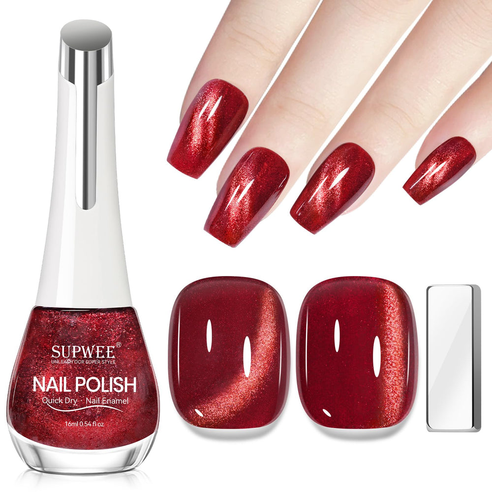 Vernis SUPWEE Effet Yeux-de-Chat Bourgogne pour un look glamour durable.