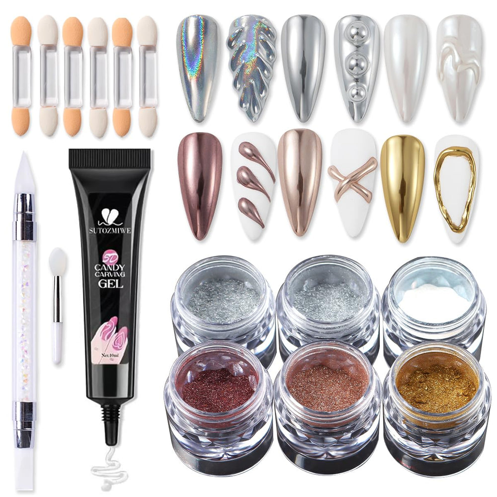 Poudre chrome miroir SUTOZMIWE sur pots pour fini brillant durable.