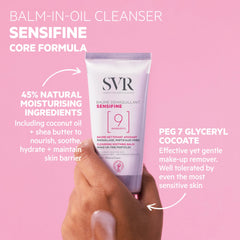 SVR Sensifine Balm émulsion eau-lait, démaquillage complet, peau apaisée.
