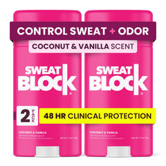 SweatBlock déodorant coco-vanille en bouteille, longue tenue et fraîcheur.