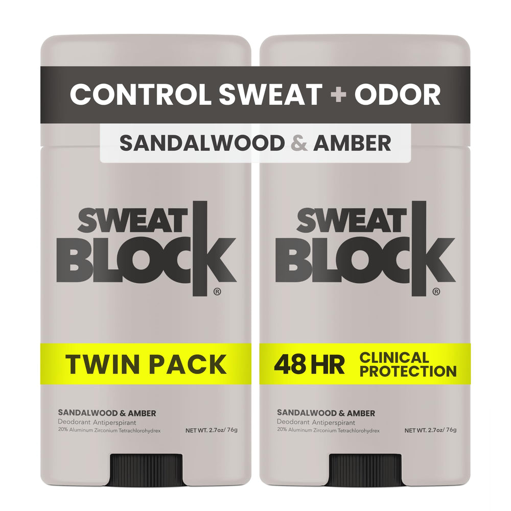 SweatBlock-paquet-double deodorant clinique santal-ambre, protection durable toute la journee.