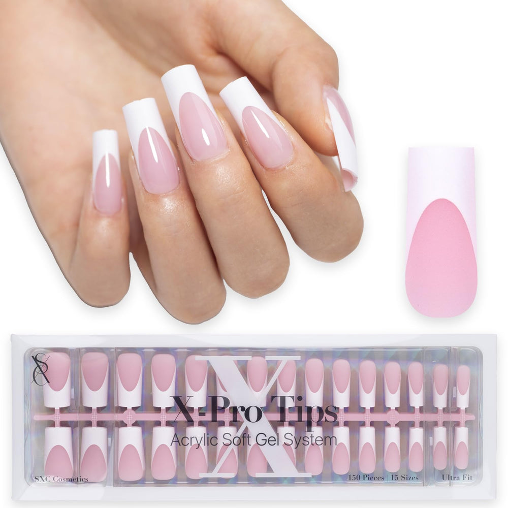 SXC Cosmetics ongles autocollants à pointe française rose moyen carré, faciles à poser et durables.