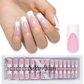 SXC Cosmetics ongles autocollants à pointe française rose moyen carré, faciles à poser et durables.