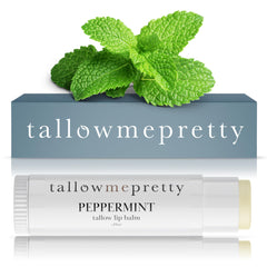 Tallow Me Pretty baume lèvres menthe-poivrée dans emballage élégant.