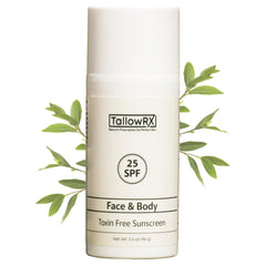 TALLOWRX: bouteille solaire SPF25 offrant une protection minérale fiable pour la peau.