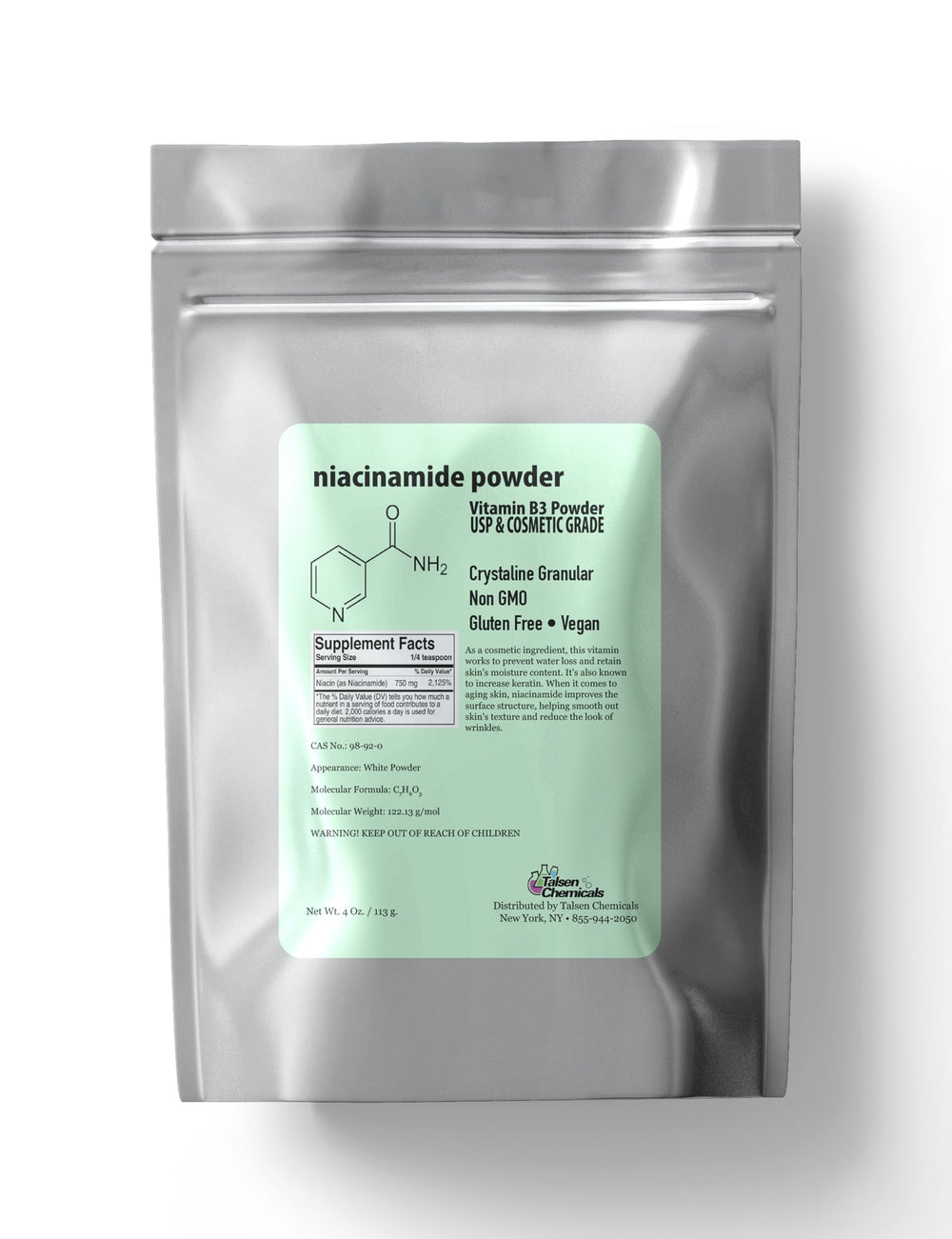 Poudre Niacinamide pure de Talsen Chemicals, visualisée en poudre, facile à incorporer dans l’eau.