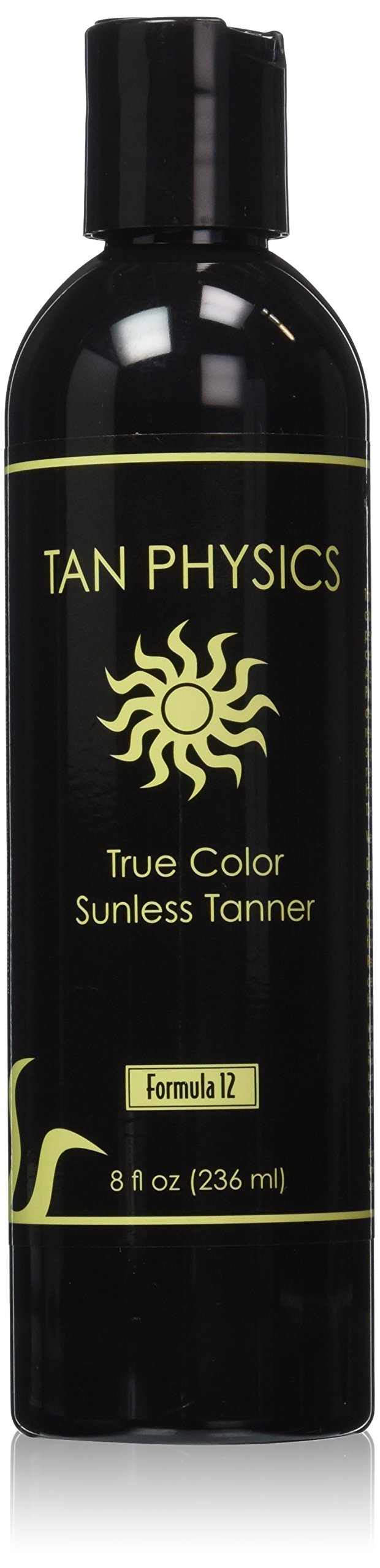 Tan Physics True Color Sunless Tanner – Bouteille 8 oz, teinte naturelle et uniforme.