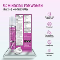 Mousse aérosol TARO Minoxidil pour femmes, application quotidienne sans parfum.