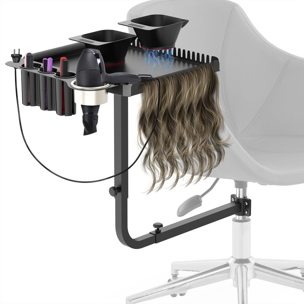 Tasalon plateau-coiffure monté sur chaise en acier avec accès rapide aux outils.