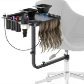 Tasalon plateau-coiffure monté sur chaise en acier avec accès rapide aux outils.