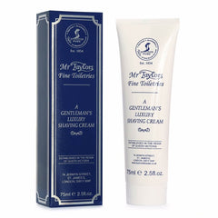 Mr. Taylors crème à raser — texture et emballage compact, pratique en voyage.