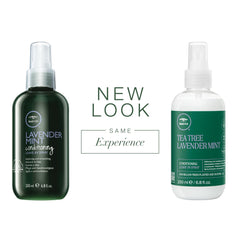 Tea Tree Lavande Menthe flacon en gros plan, application facile sur cheveux.