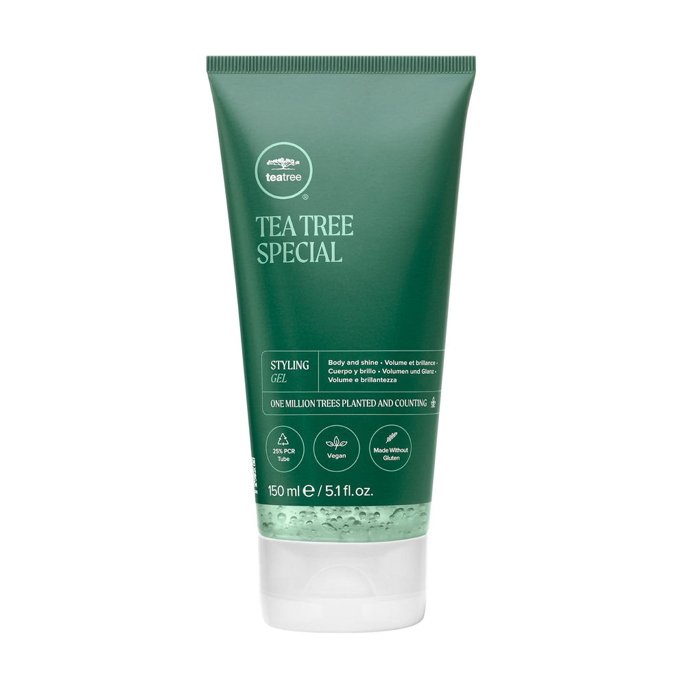 Tea Tree Styling Gel : bouteille prête pour une coiffure durable et brillante.