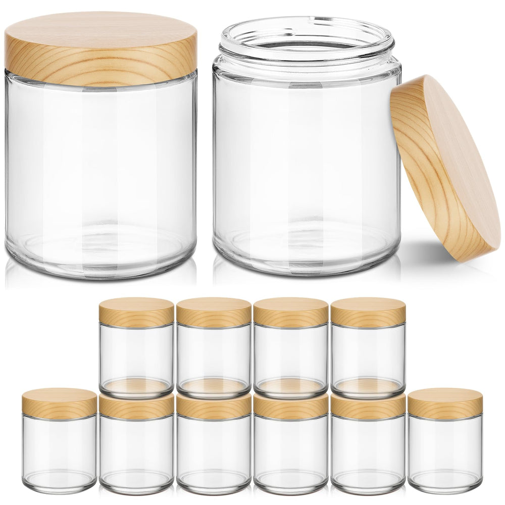 Tecohouse bocal en verre 8oz avec couvercle boisgrain, idéal pour cosmétiques délicats.