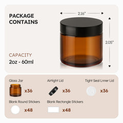 Bocal en verre ambré Tecowhouse 2 oz, bouchon noir, protège les produits de la lumière.