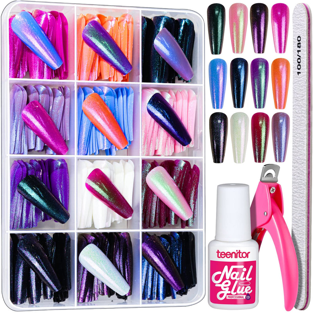 Ongles Teenitor à poser chrome longue forme cercueil, application rapide et durable