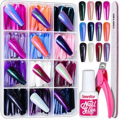 Ongles Teenitor à poser chrome longue forme cercueil, application rapide et durable