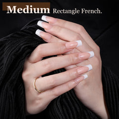 Ongles Teenitor autocollants à pointe française blanche, forme amande, pour un look naturel et raffiné.
