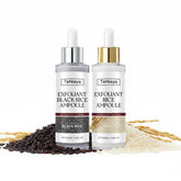 Bouteille Tehkeya d exfoliant riz noir et blanc révélant peau douce.