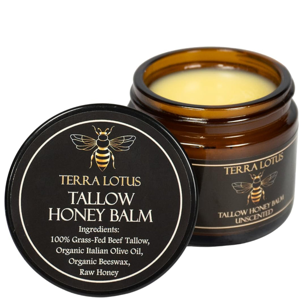 Terra Lotus Honey Tallow Balm jar close-up for all-day hydration.