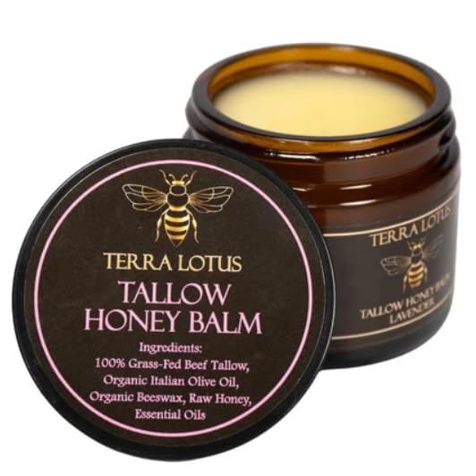 Terra Lotus Honey Tallow Balm jar on wood for natural skin nourishment