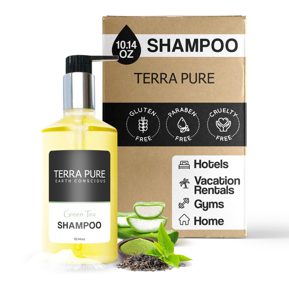 Shampoing Terra Pure, bouteille-pompe, pratique pour les chambres d'hôtel.