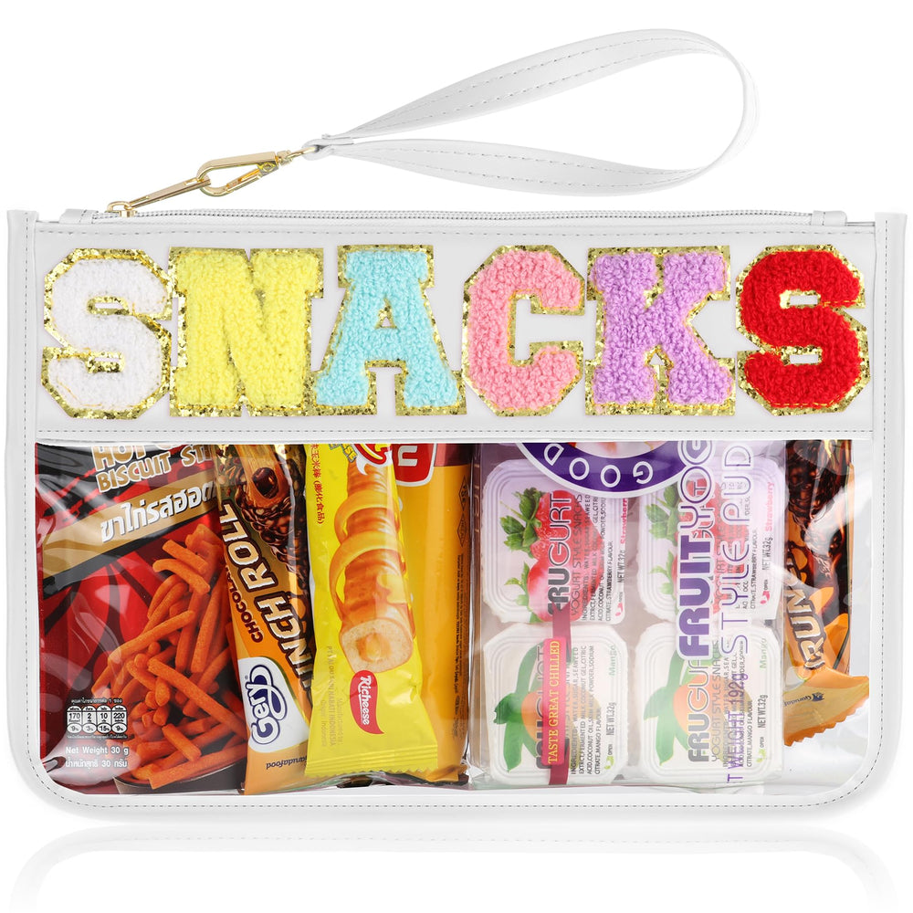 TESAFNG sac transparent avec patch chenille lettre preppy, idéal pour cosmétiques en voyage.