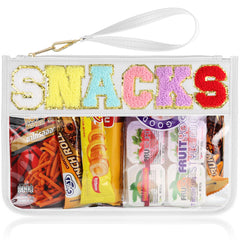 TESAFNG sac transparent avec patch chenille lettre preppy, idéal pour cosmétiques en voyage.